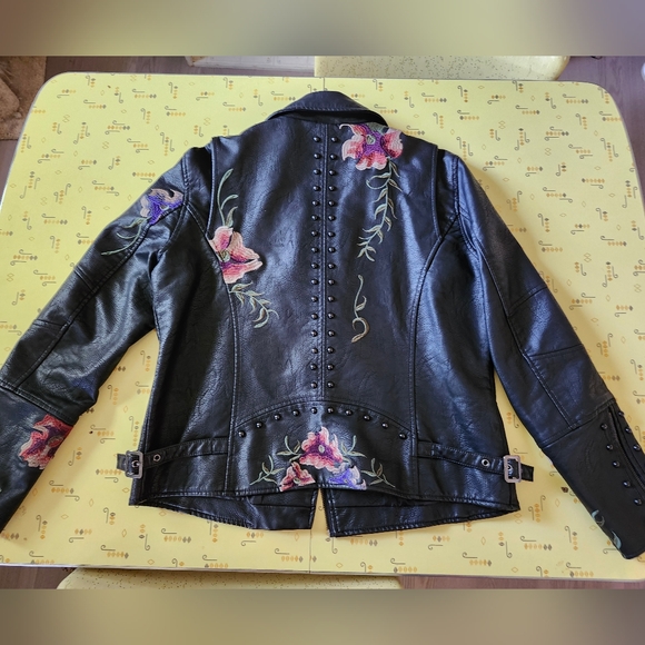 Colleen Lopez Vegan Leather Black Embroidered Moto Jacket - Picture 2 of 7